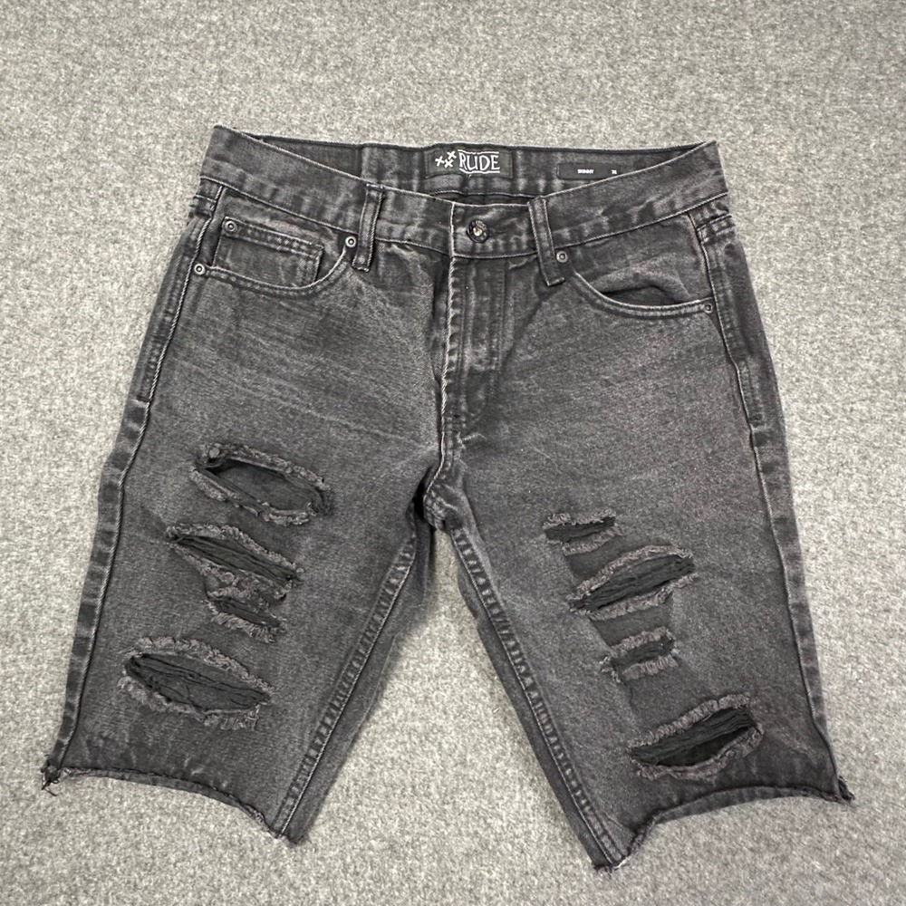 Rude Mens Skinny Distressed Denim Shorts Black Frayed Hem Size 32 Punk Rock